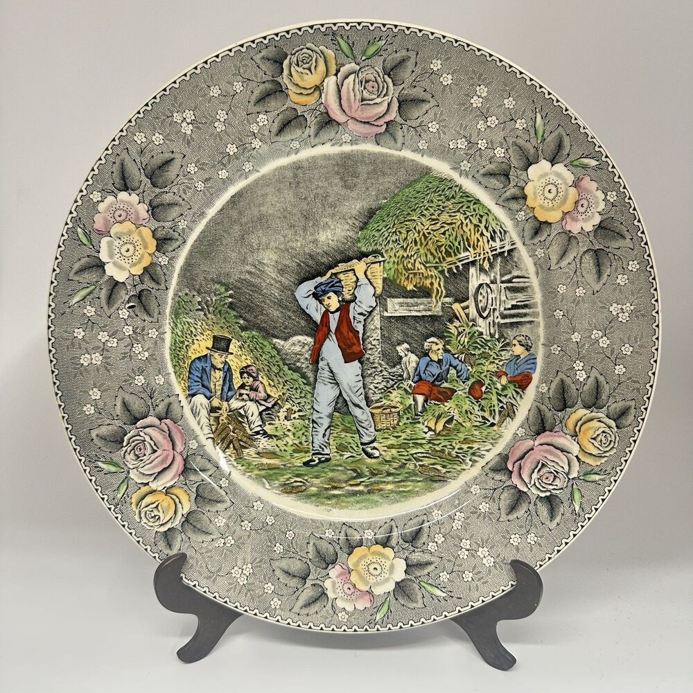 Vtg Adams Husking 10.5” Transferware Dinner Plate England Floral Farm Scene